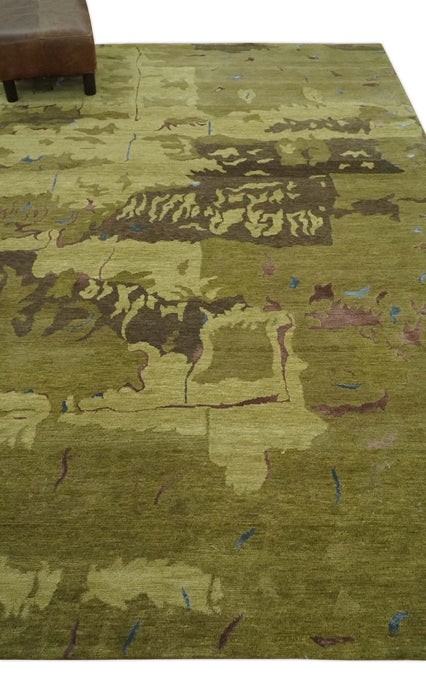 Olive and Brown Modern Abstract 6x9 Hand loom Wool and Silk Area Rug