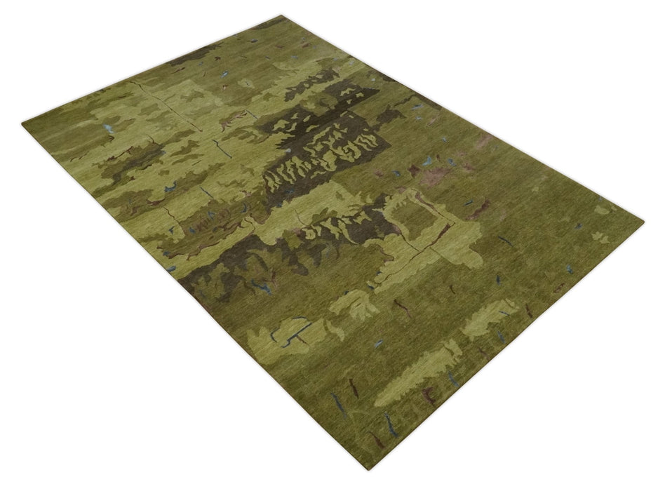 Olive and Brown Modern Abstract 6x9 Hand loom Wool and Silk Area Rug