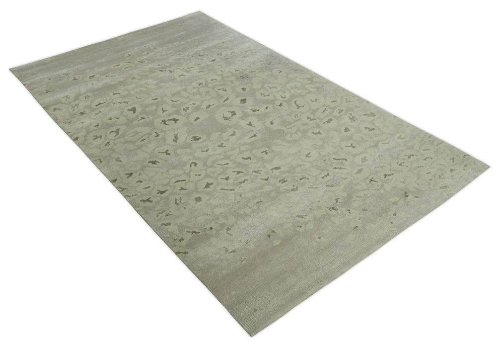 Olive and Dark Green and Silver 5x8 Hand Knotted Abstract Wool and Silk Area Rug