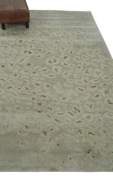 Olive and Dark Green and Silver 5x8 Hand Knotted Abstract Wool and Silk Area Rug