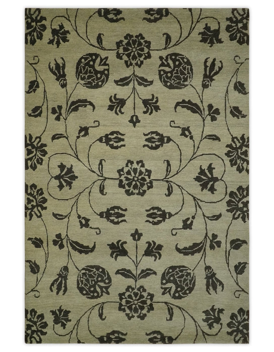 Olive and Dark green Hand Knotted 4x6 Floral Wool and Silk Area Rug