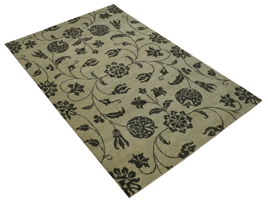 Olive and Dark green Hand Knotted 4x6 Floral Wool and Silk Area Rug