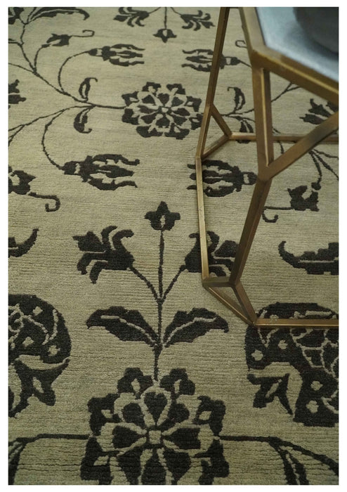 Olive and Dark green Hand Knotted 4x6 Floral Wool and Silk Area Rug