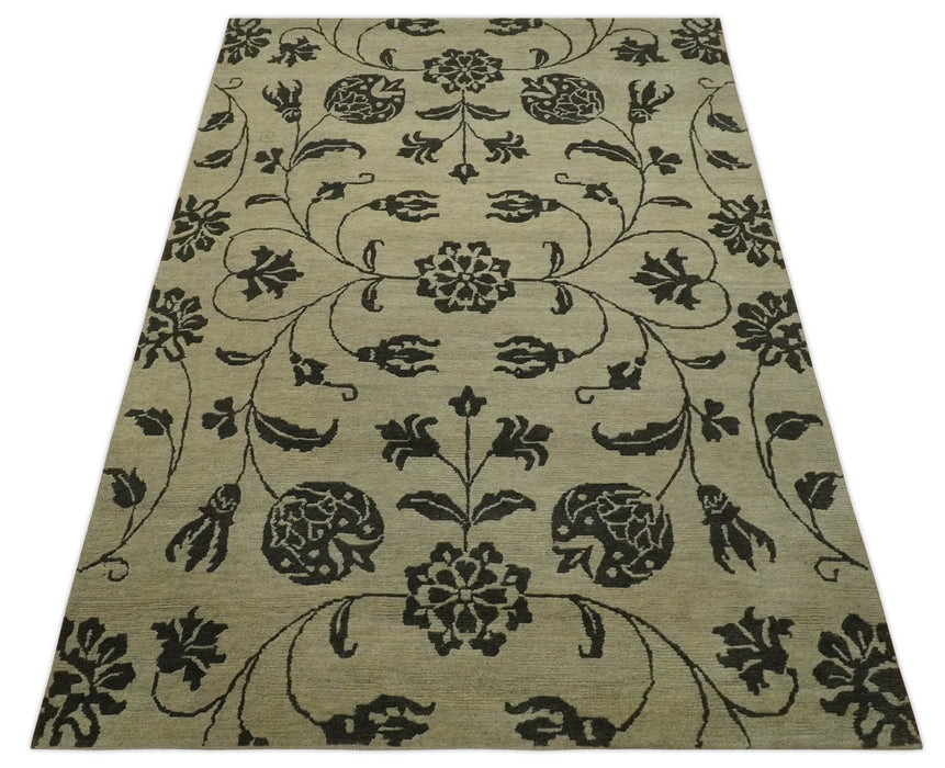 Olive and Dark green Hand Knotted 4x6 Floral Wool and Silk Area Rug