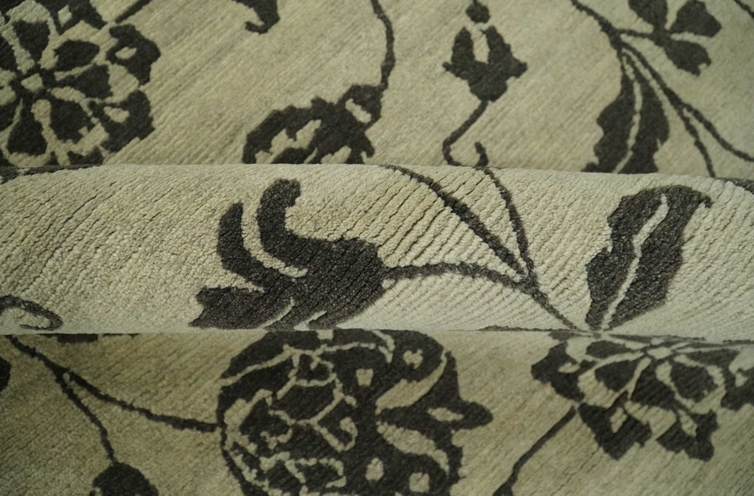 Olive and Dark green Hand Knotted 4x6 Floral Wool and Silk Area Rug