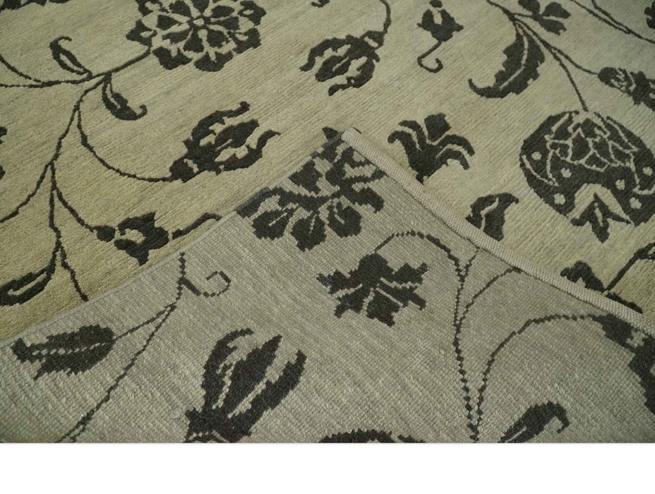 Olive and Dark green Hand Knotted 4x6 Floral Wool and Silk Area Rug