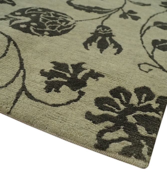 Olive and Dark green Hand Knotted 4x6 Floral Wool and Silk Area Rug