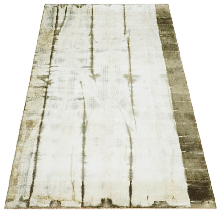 Olive and ivory 6x9 Modern Abstract Hand Woven Art Silk Rug | KNT1