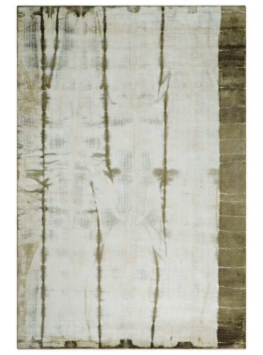 Olive and ivory 6x9 Modern Abstract Hand Woven Art Silk Rug | KNT1