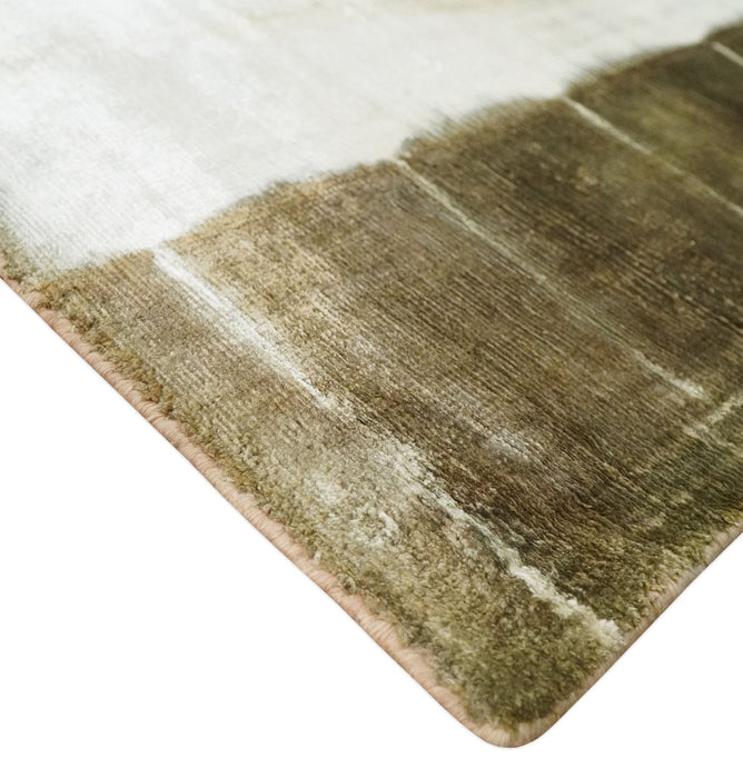 Olive and ivory 6x9 Modern Abstract Hand Woven Art Silk Rug | KNT1