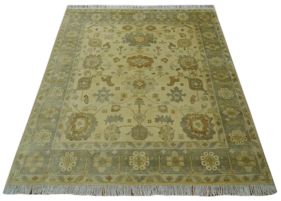 Olive, Beige and Gray Hand Knotted Traditional Oushak 8x10 wool Area Rug