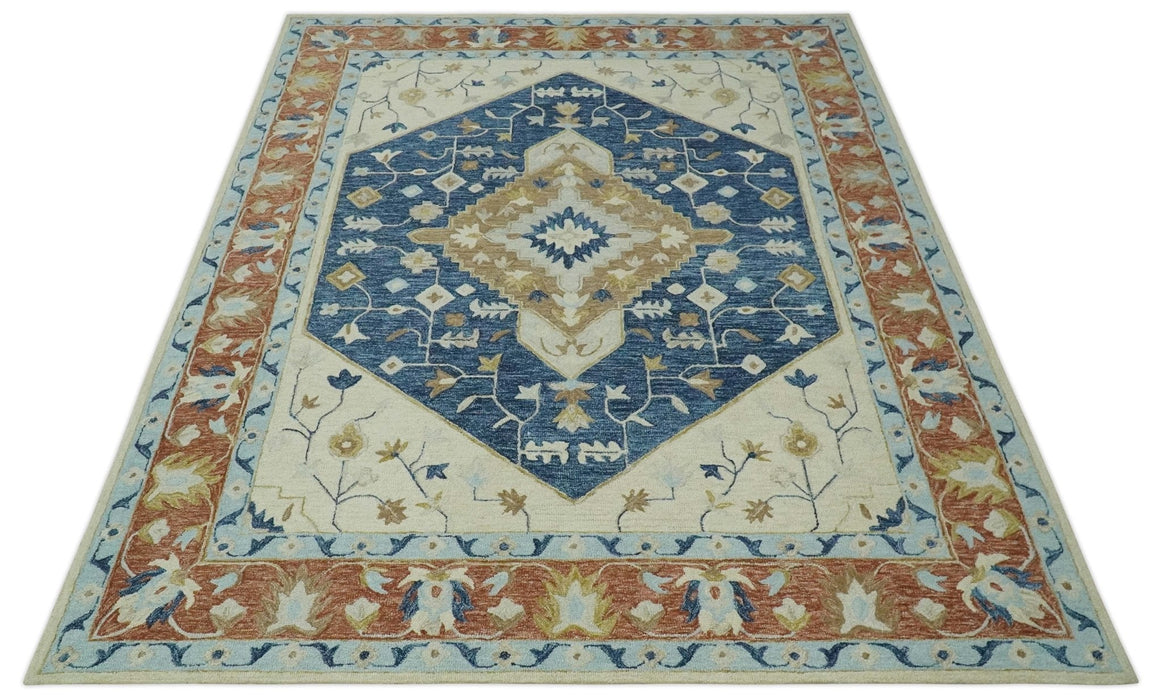 Olive, Blue, Beige and Rust Traditional Heriz Medallion Hand Tufted Custom Made wool area Rug