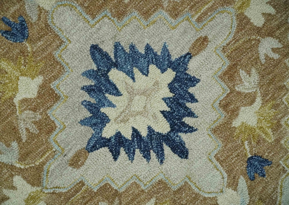 Olive, Blue, Beige and Rust Traditional Heriz Medallion Hand Tufted Custom Made wool area Rug