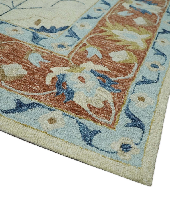 Olive, Blue, Beige and Rust Traditional Heriz Medallion Hand Tufted Custom Made wool area Rug