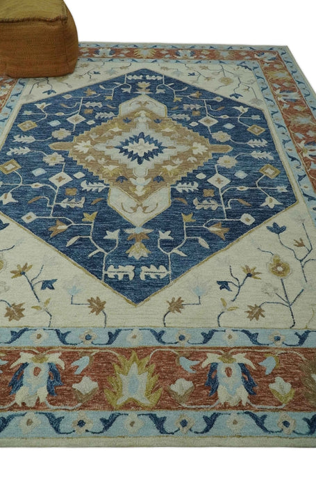 Olive, Blue, Beige and Rust Traditional Heriz Medallion Hand Tufted Custom Made wool area Rug