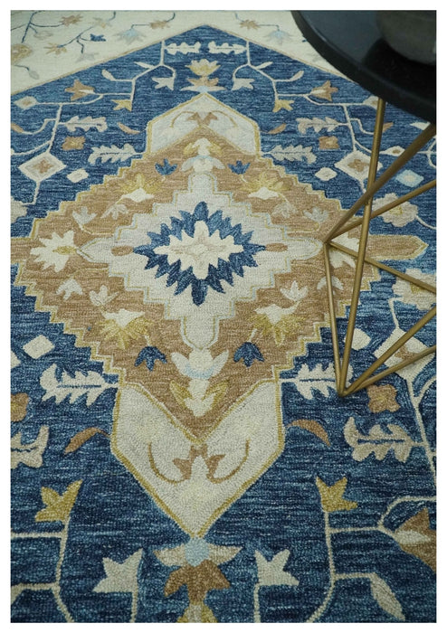 Olive, Blue, Beige and Rust Traditional Heriz Medallion Hand Tufted Custom Made wool area Rug