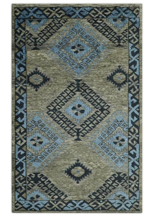 Olive, Charcoal and Blue Hand Knotted Traditional Mamluk Design 5x8 wool area Rug