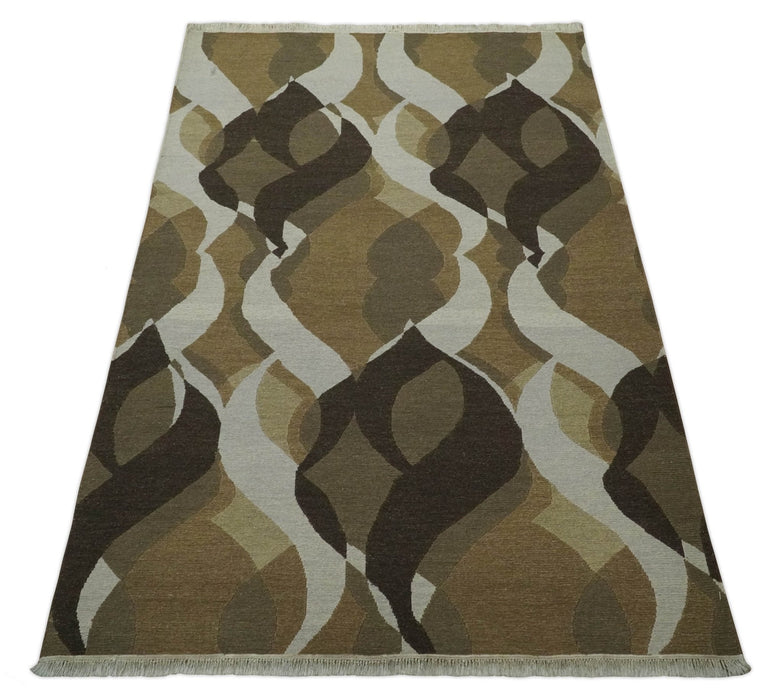 Olive, Ivory and Charcoal 6x9 Modern Abstract Hand Woven Soumak Dhurrie Wool Area Rug