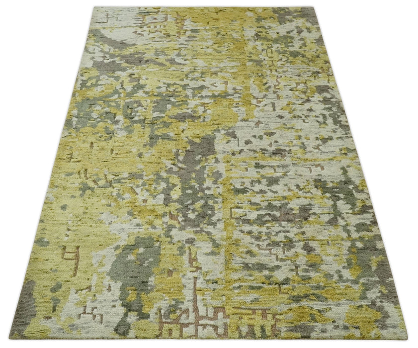 Olive, Ivory and Gray Modern abstract Hand Knotted 5x8 wool Area Rug