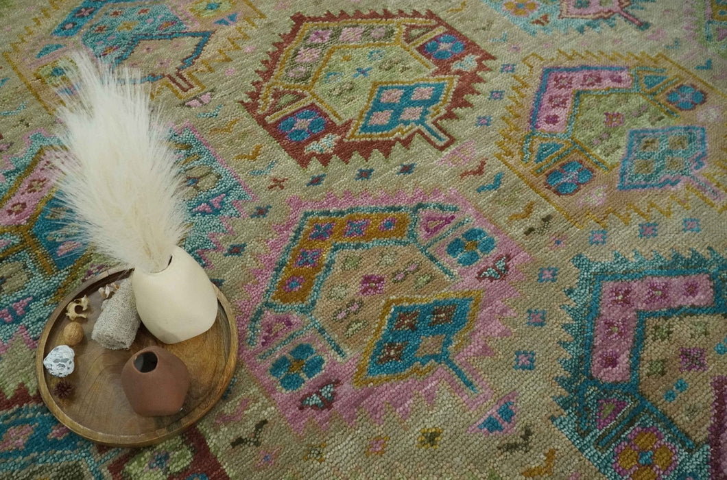 Olive, Teal, Brown and Pink Traditional Ikat Design Hand knotted 8x10 wool Area Rug
