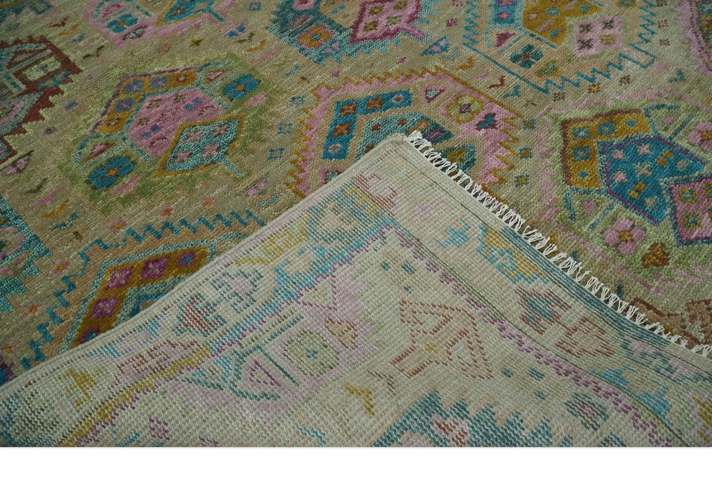 Olive, Teal, Brown and Pink Traditional Ikat Design Hand knotted 8x10 wool Area Rug