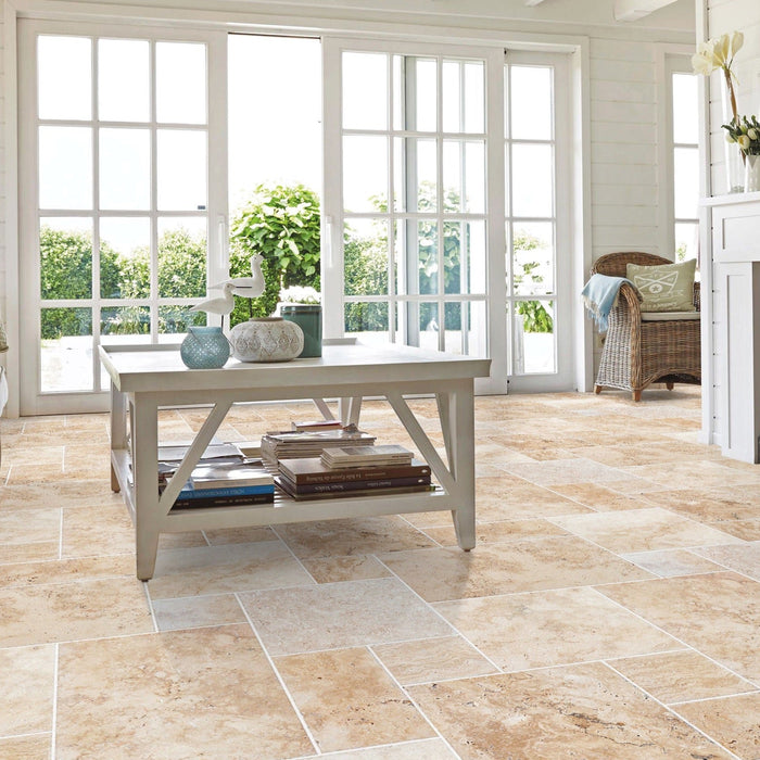 Olympus Beige Travertine Tiles 4 sized Pattern Brushed and Chiseled - Belair Collection