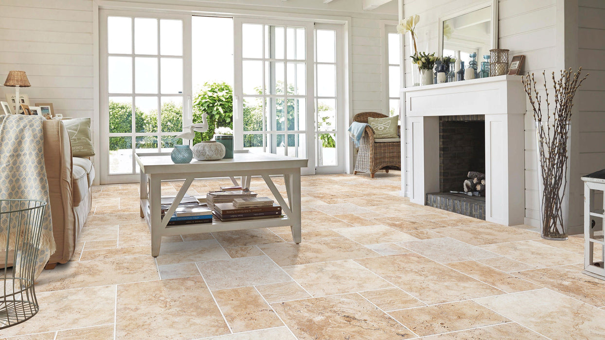 Olympus Beige Travertine Tiles 4 sized Pattern Brushed and Chiseled - Belair Collection