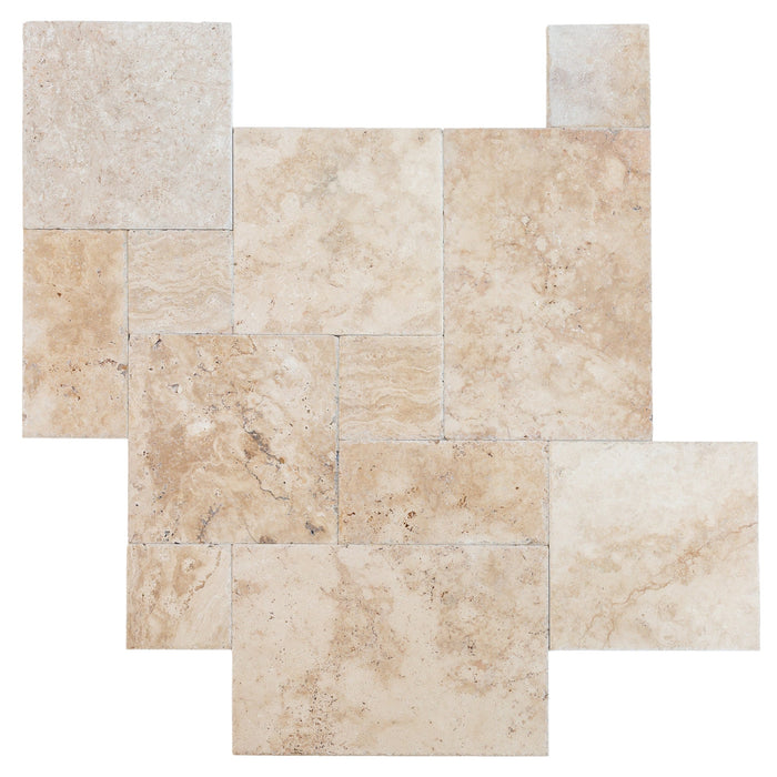 Olympus Beige Travertine Tiles 4 sized Pattern Brushed and Chiseled - Belair Collection