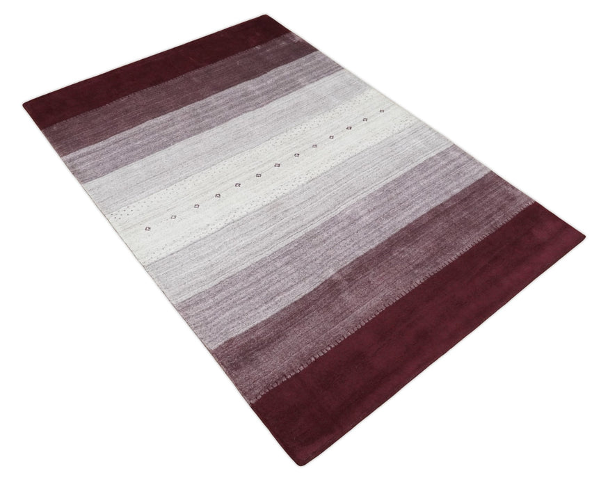 Ombre Purple and Ivory 5x7 Striped Wool and Bamboo Silk Hand Knotted Southwestern Gabbeh Rug | HL28