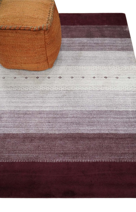 Ombre Purple and Ivory 5x7 Striped Wool and Bamboo Silk Hand Knotted Southwestern Gabbeh Rug | HL28