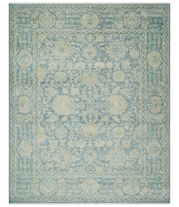 One of a Kind 8x10 Hand Knotted Blue and Beige Antique Traditional Low Pile wool Area Rug