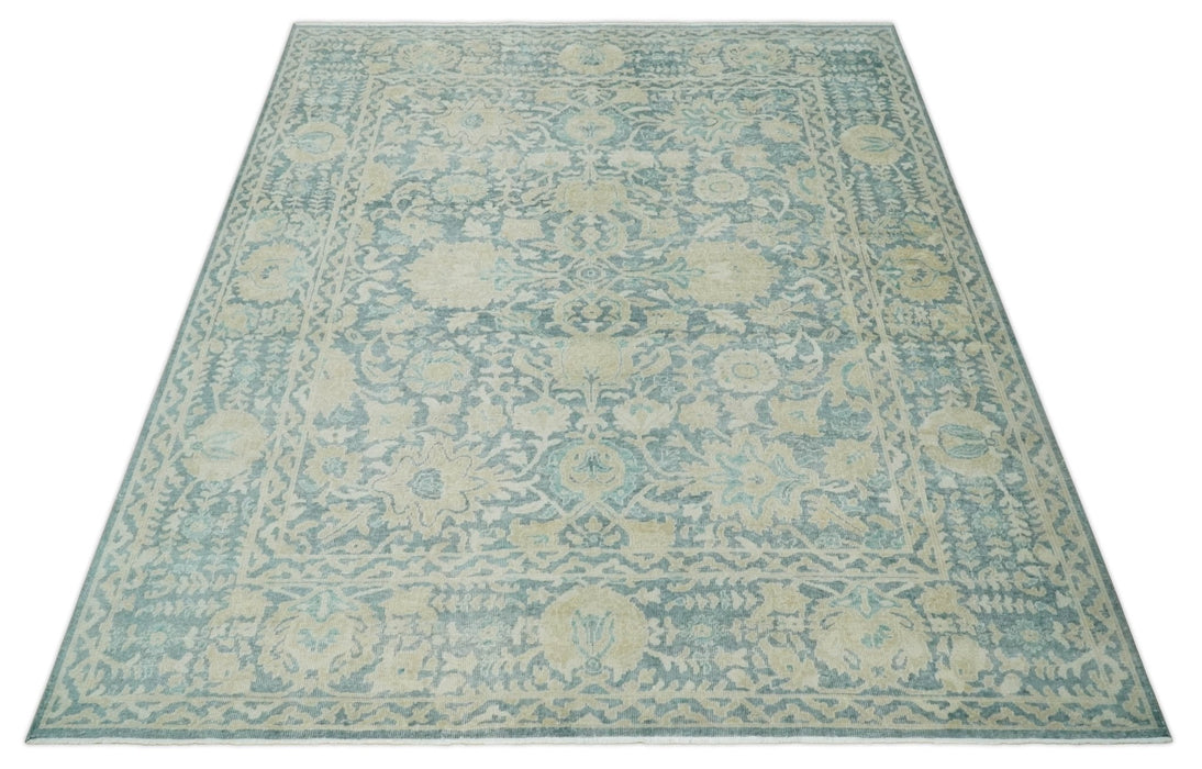 One of a Kind 8x10 Hand Knotted Blue and Beige Antique Traditional Low Pile wool Area Rug