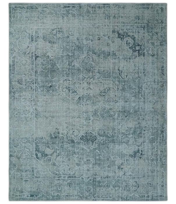 One of a Kind 8x10 Ivory, Gray and Charcoal Traditional Erased Hand Loomed Art Silk Area Rug