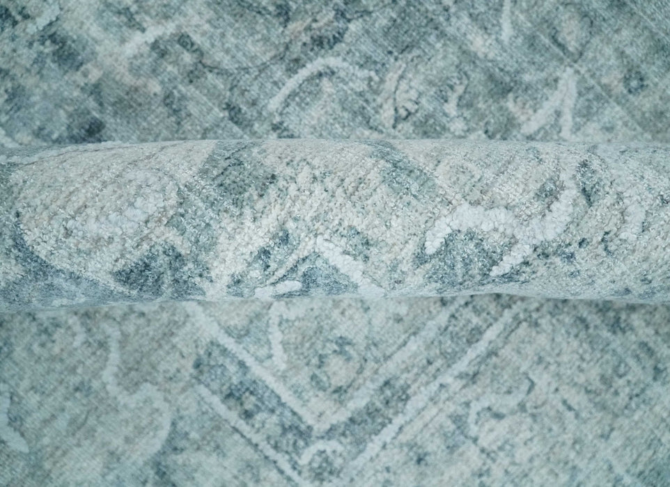 One of a Kind 8x10 Ivory, Gray and Charcoal Traditional Erased Hand Loomed Art Silk Area Rug