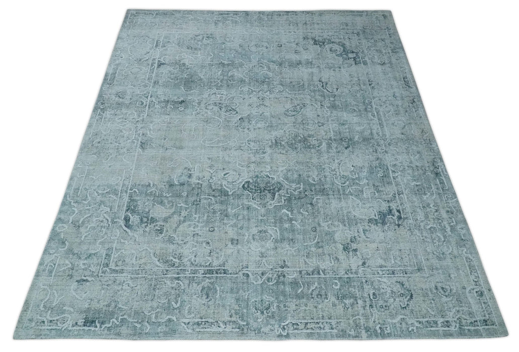 One of a Kind 8x10 Ivory, Gray and Charcoal Traditional Erased Hand Loomed Art Silk Area Rug