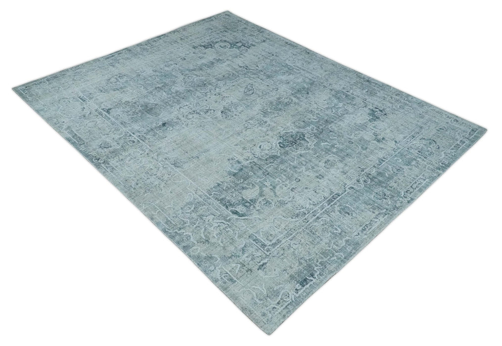 One of a Kind 8x10 Ivory, Gray and Charcoal Traditional Erased Hand Loomed Art Silk Area Rug