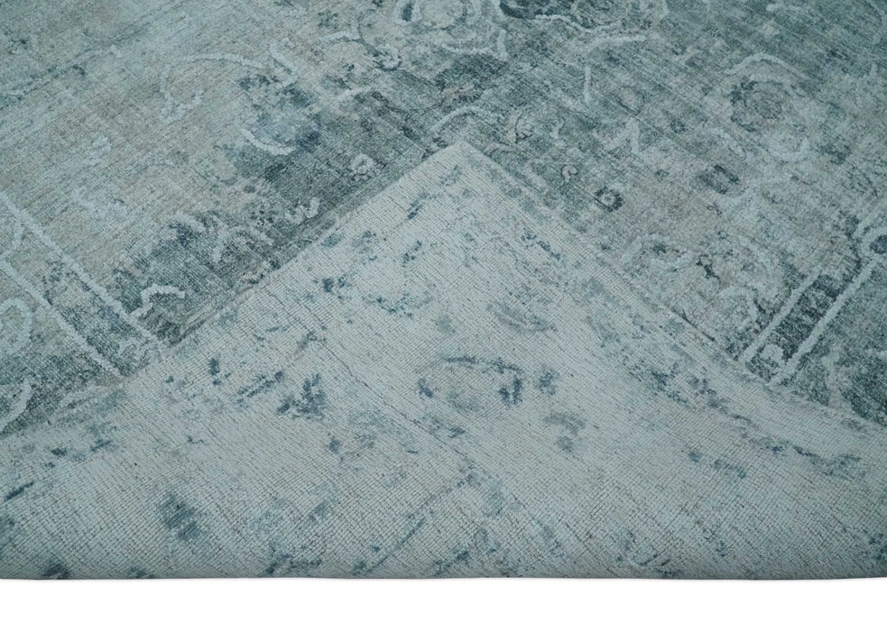 One of a Kind 8x10 Ivory, Gray and Charcoal Traditional Erased Hand Loomed Art Silk Area Rug