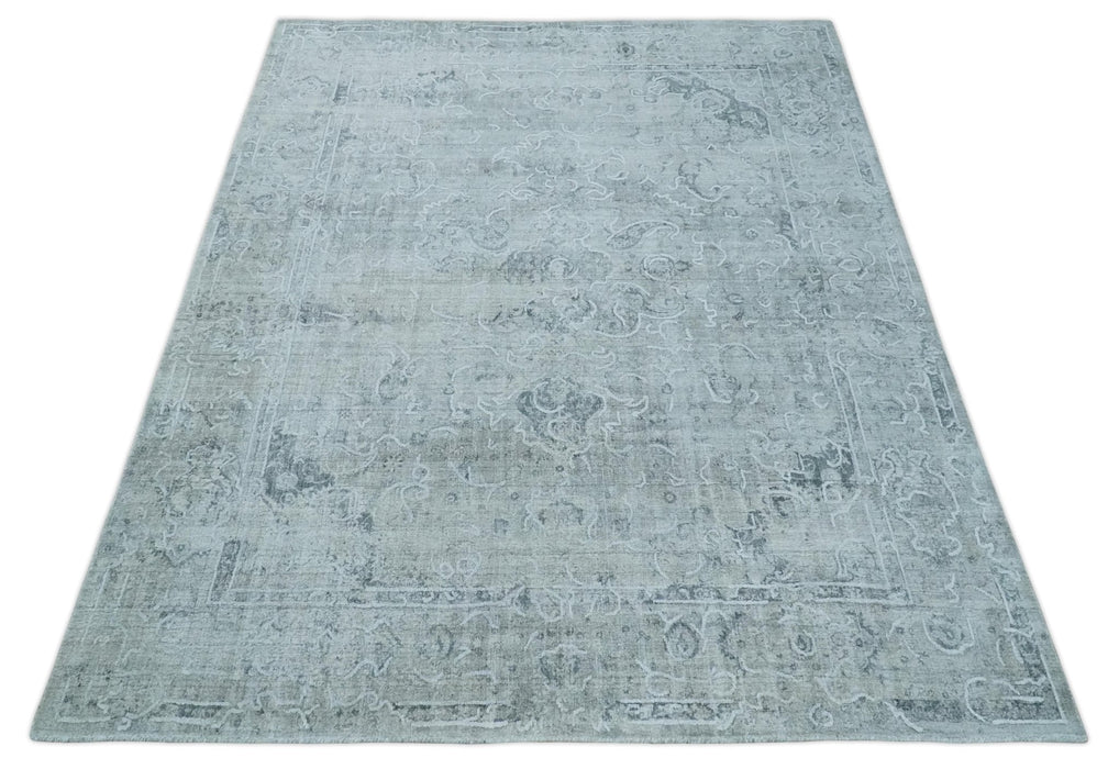 One of a Kind Traditional 8x10 Ivory, Gray and Charcoal Traditionally Hand Loomed Art Silk Area Rug