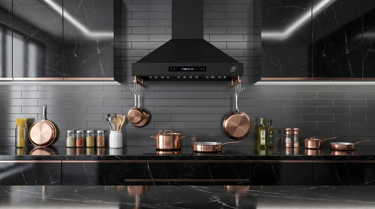 Forno Venezia 36 Inch Wall-Mounted Range Hood in Black with Touch Controls and Baffle Filters
