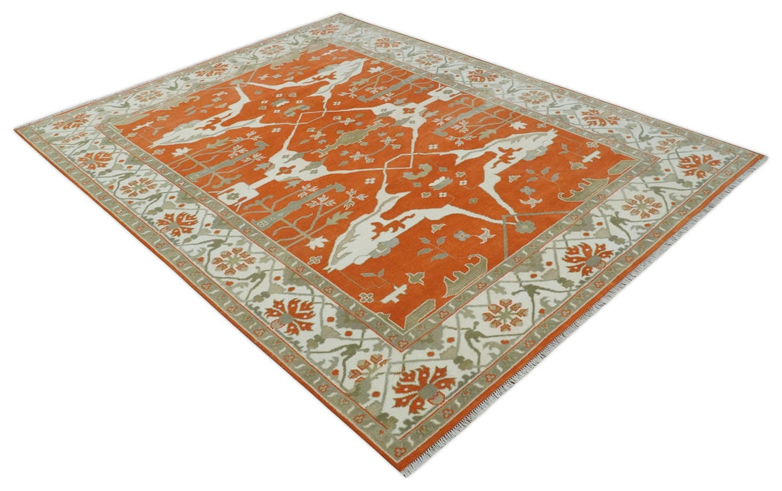 Orange, Ivory and Olive Hand knotted Oriental Oushak 9x12 wool Area Rug
