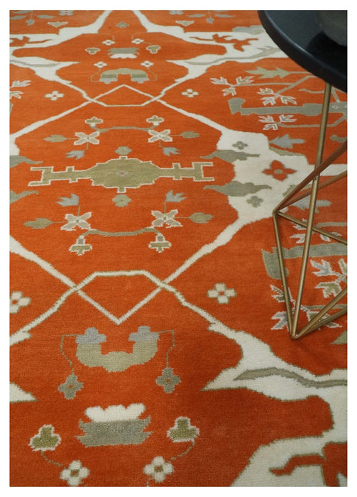 Orange, Ivory and Olive Hand knotted Oriental Oushak 9x12 wool Area Rug