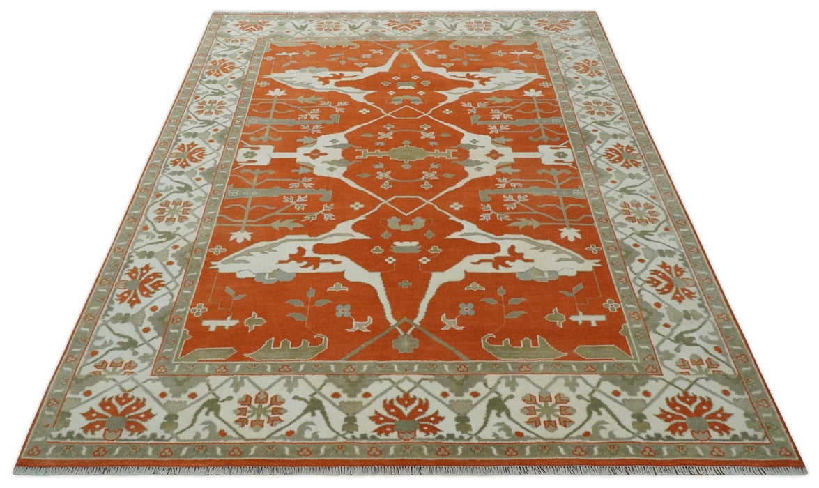 Orange, Ivory and Olive Hand knotted Oriental Oushak 9x12 wool Area Rug