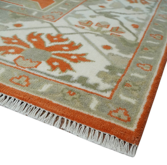 Orange, Ivory and Olive Hand knotted Oriental Oushak 9x12 wool Area Rug