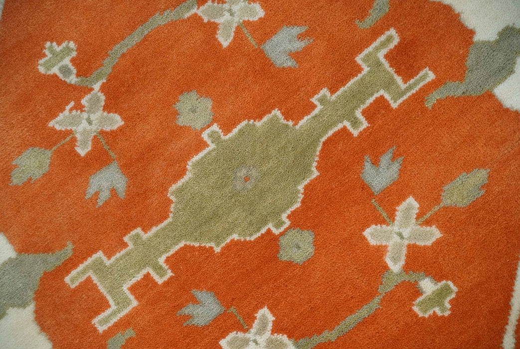 Orange, Ivory and Olive Hand knotted Oriental Oushak 9x12 wool Area Rug