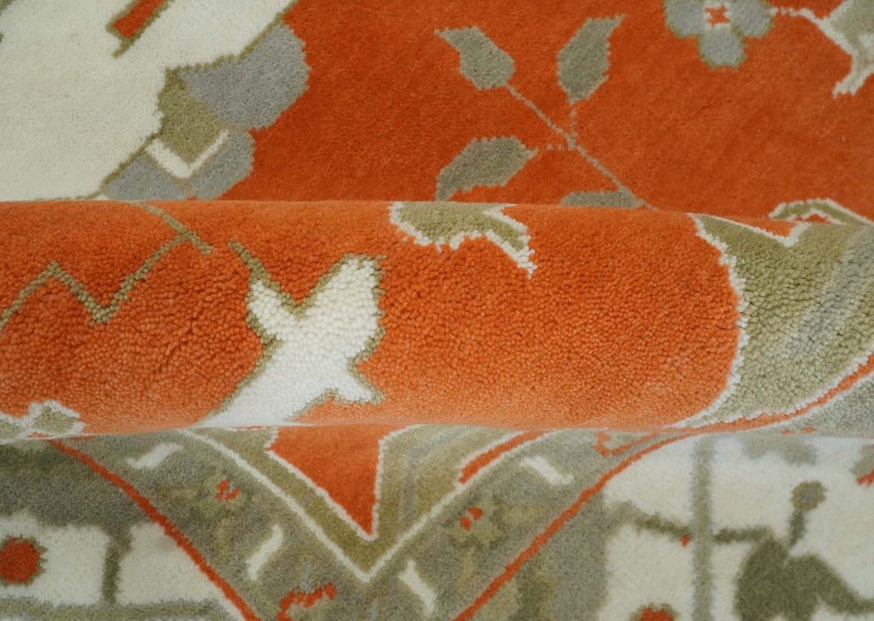 Orange, Ivory and Olive Hand knotted Oriental Oushak 9x12 wool Area Rug
