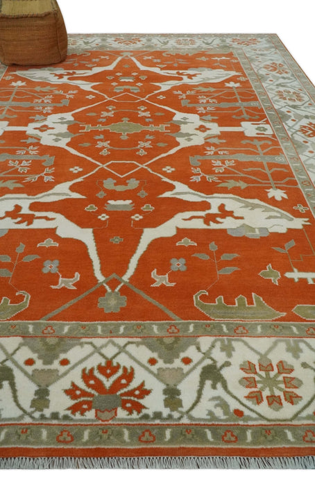 Orange, Ivory and Olive Hand knotted Oriental Oushak 9x12 wool Area Rug