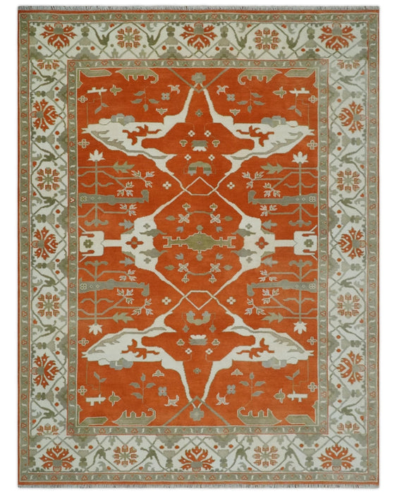Orange, Ivory and Olive Hand knotted Oriental Oushak Multi Size wool Area Rug