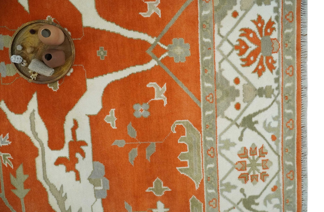 Orange, Ivory and Olive Hand knotted Oriental Oushak Multi Size wool Area Rug