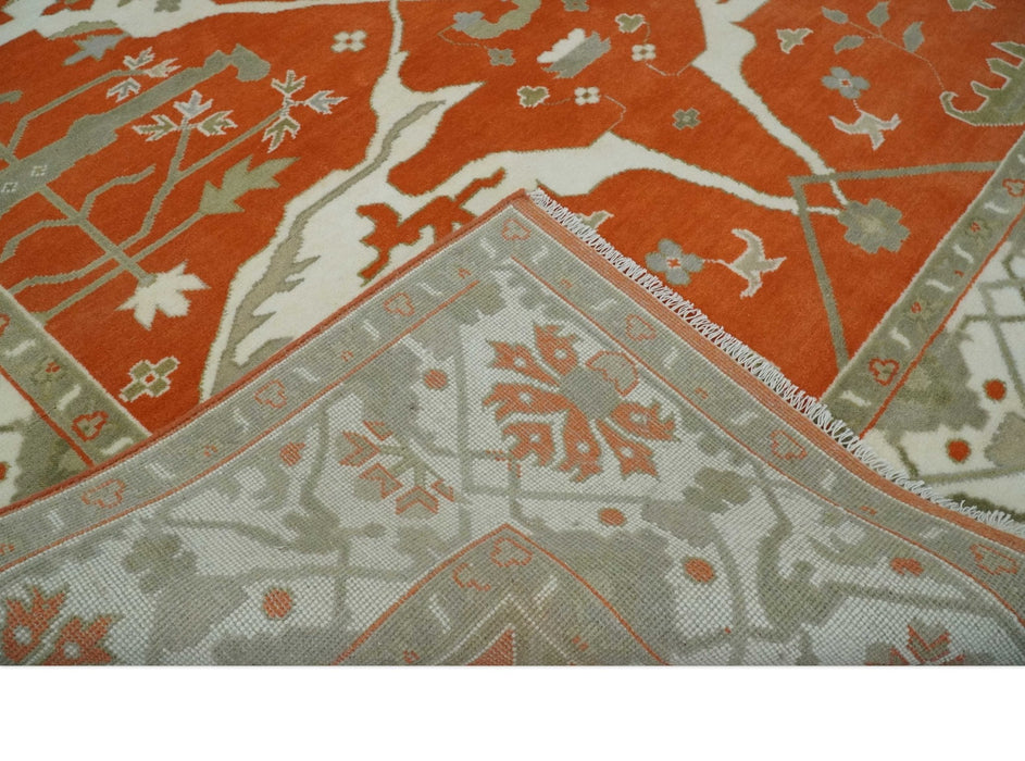 Orange, Ivory and Olive Hand knotted Oriental Oushak Multi Size wool Area Rug