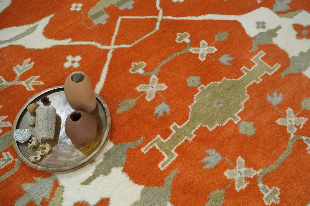 Orange, Ivory and Olive Hand knotted Oriental Oushak Multi Size wool Area Rug